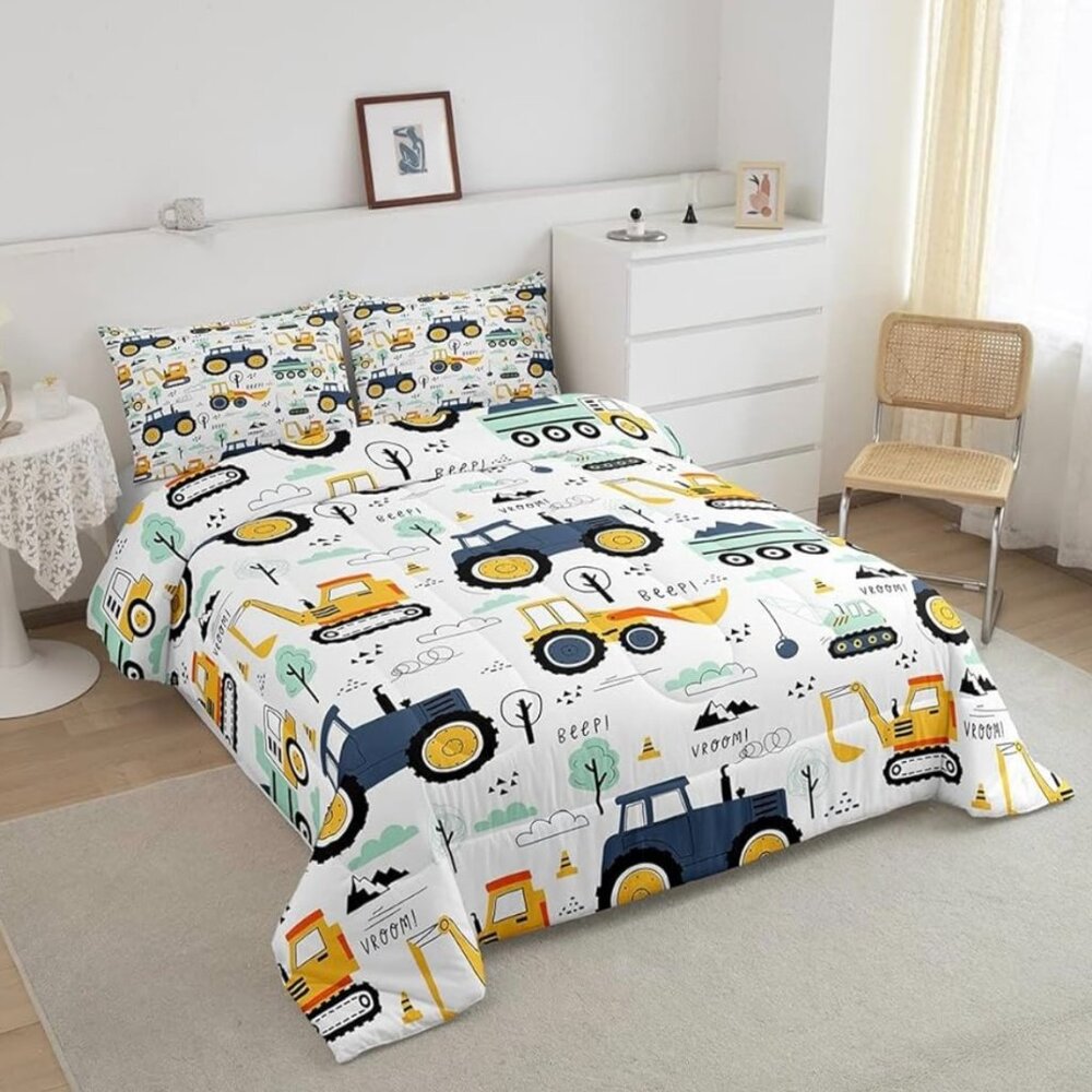 Full Size Construction Excavator Tractor 3‎ Piece Kids Comforter Set NEW
